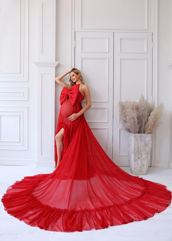 Red Chiffon High Low Flowing Maternity Dress