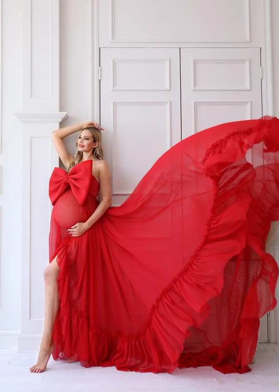 Red Chiffon High Low Flowing Maternity Dress