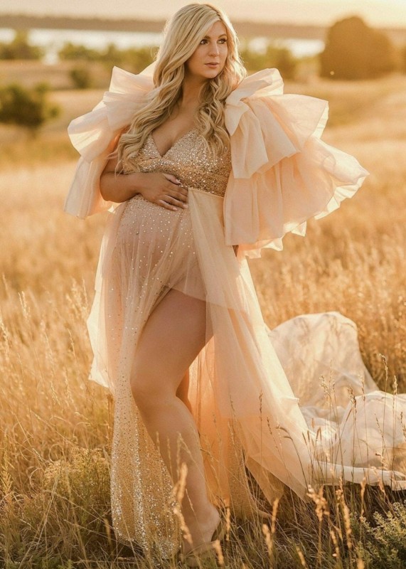 V Neck Gold Glitter Tulle Beautiful Maternity Dress