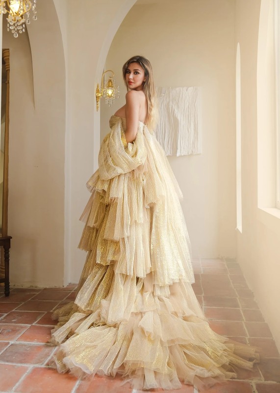 Gold Pleated Tulle Maternity Dress Photoshoot Dress