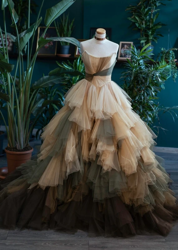 Colorful Strapless Tulle Tiered Prom Dress