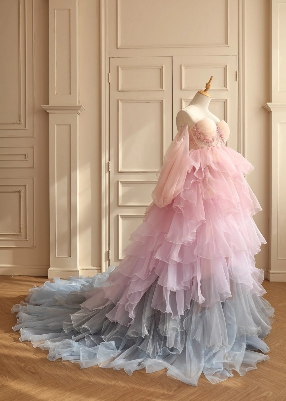 Pink Lace Organza Layered Mother And Kids Photoshoot Dress