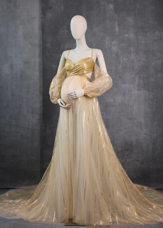 Thin Straps Gold Glitter Tulle Maternity Dress Photoshoot Dress