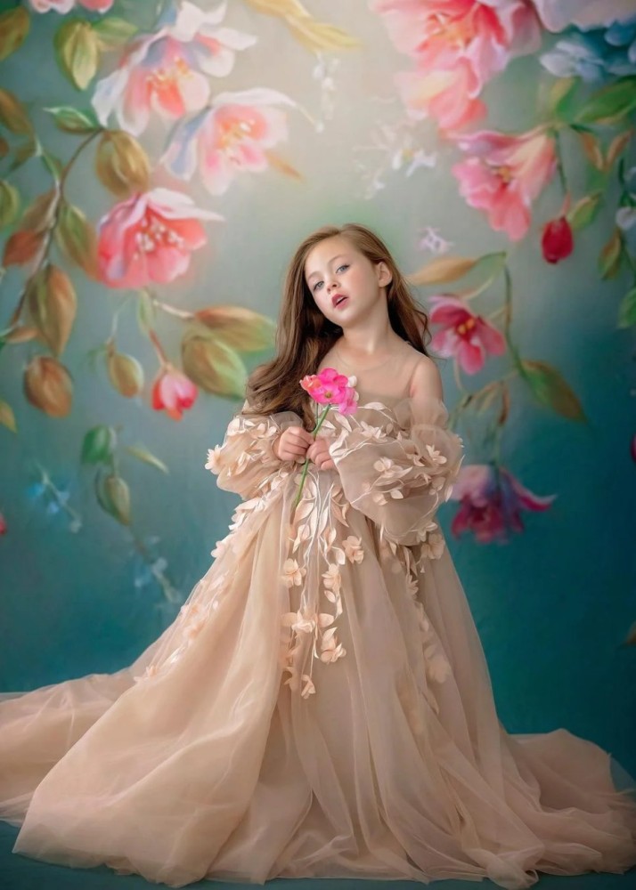 Tan Lace Tulle Flower Girl Dress Girls Pageant Dress
