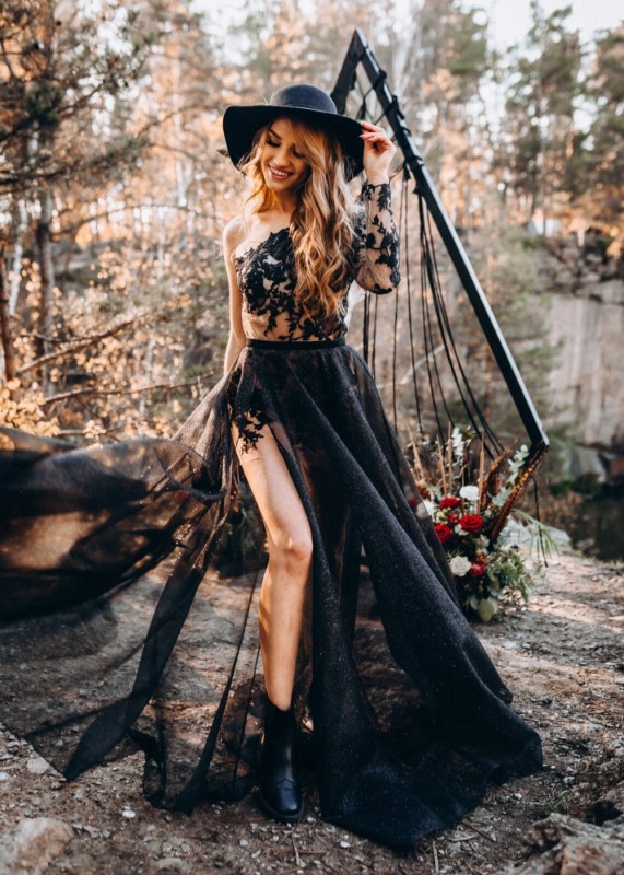 One Shoulder Black Lace Tulle Prom Dress