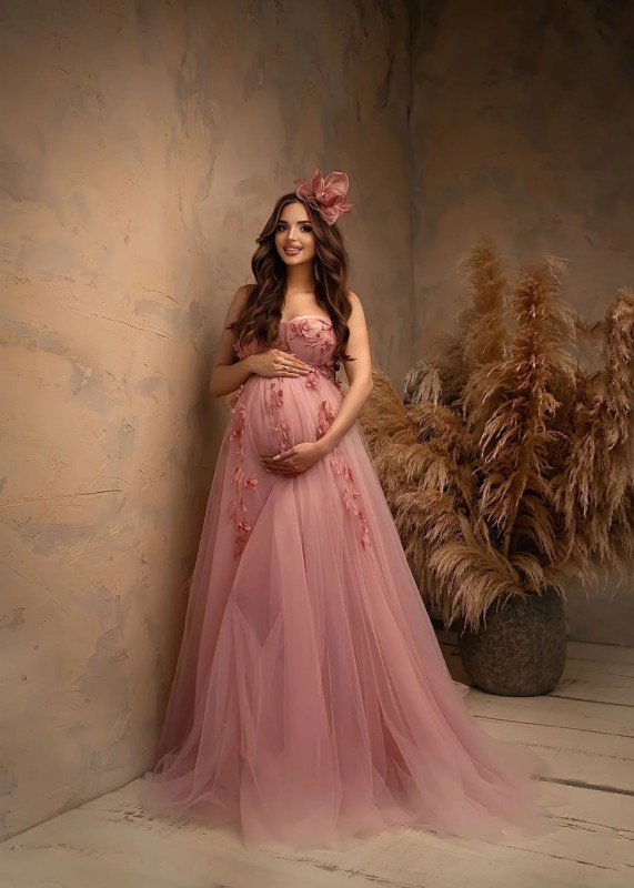 Strapless Pink Tulle 3D Flowers Maternity Dress Photoshot Dress