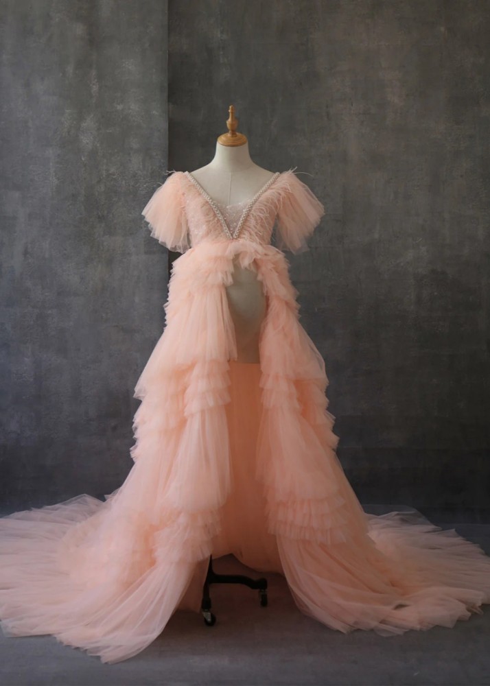 Peach Tulle Mother And Kids Photoshoot Dress