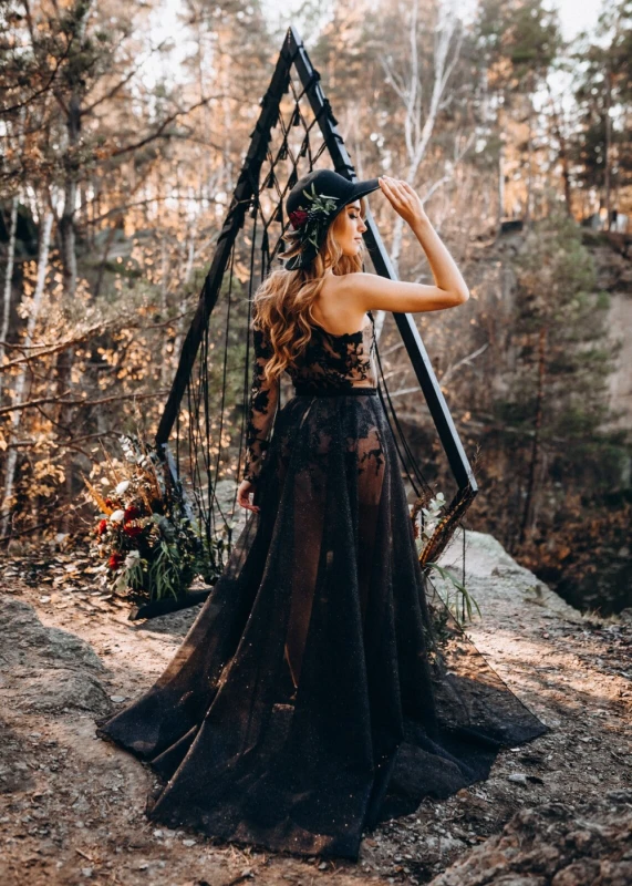 One Shoulder Black Lace Tulle Prom Dress