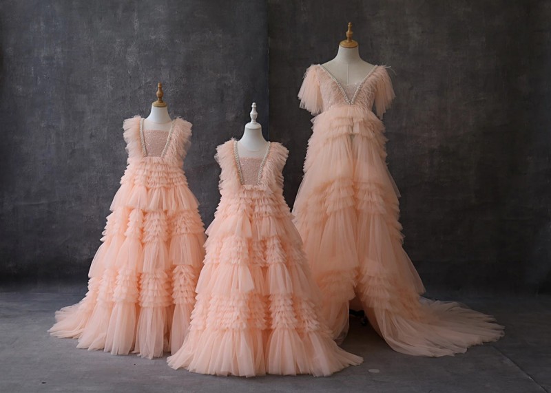 Peach Tulle Mother And Kids Photoshoot Dress