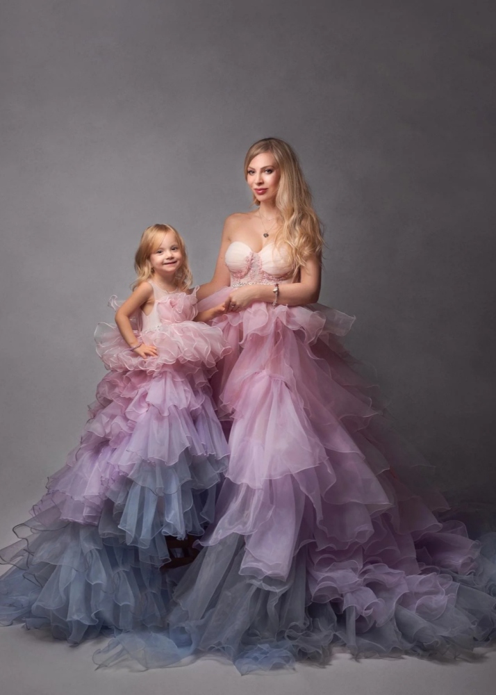 Pink Lace Organza Layered Mother And Kids Photoshoot Dress