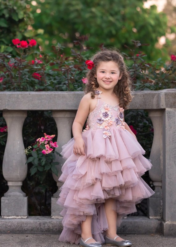 V Neck Lace Tulle Floral Flower Girl Dress Girls Pageant Dress