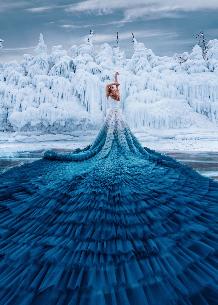 Faded Blue Long Train Wedding Skirt