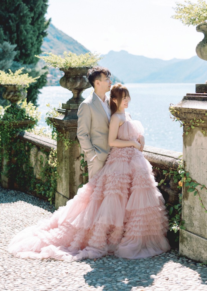 Strapless Blush Pink Tulle Ruffled Wedding Dress