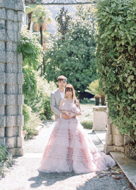 Strapless Blush Pink Tulle Ruffled Wedding Dress