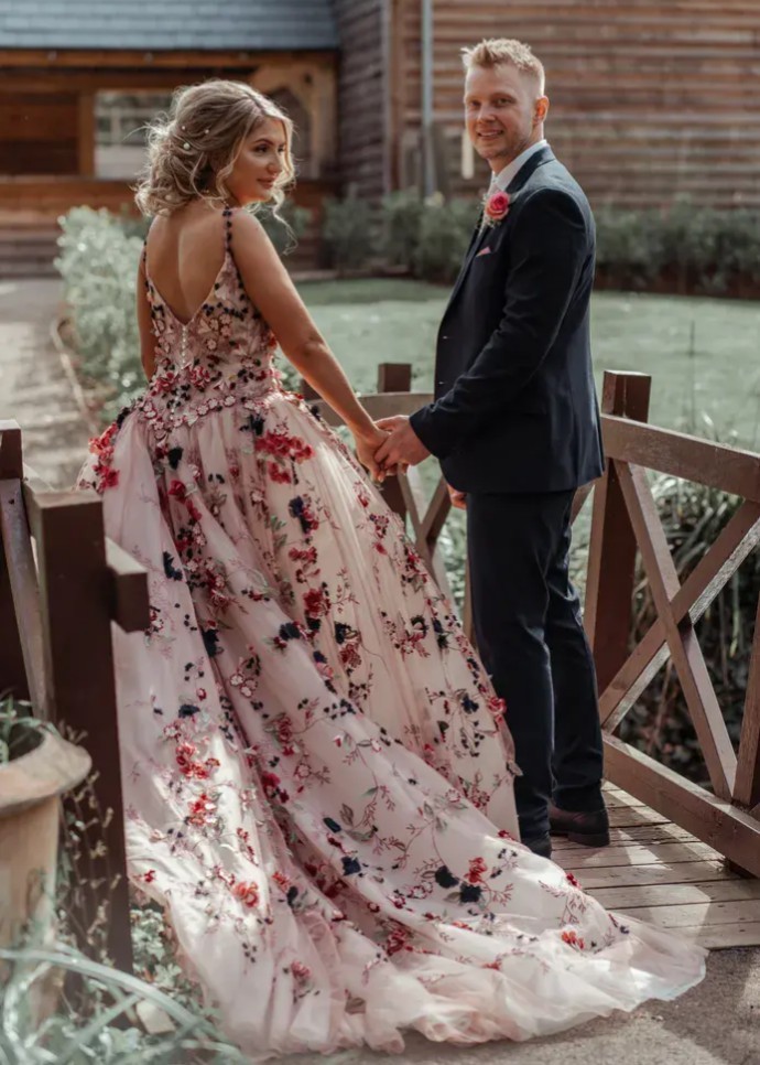 Pink 3D Lace Tulle V Back Floral Wedding Dress