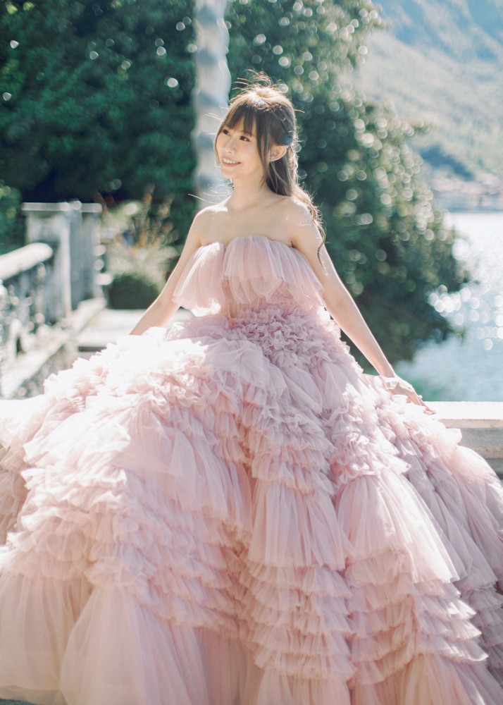 Strapless Blush Pink Tulle Ruffled Wedding Dress