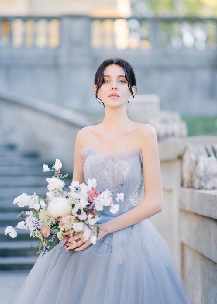 Strapless Blue Lace Tulle Awesome Wedding Dress