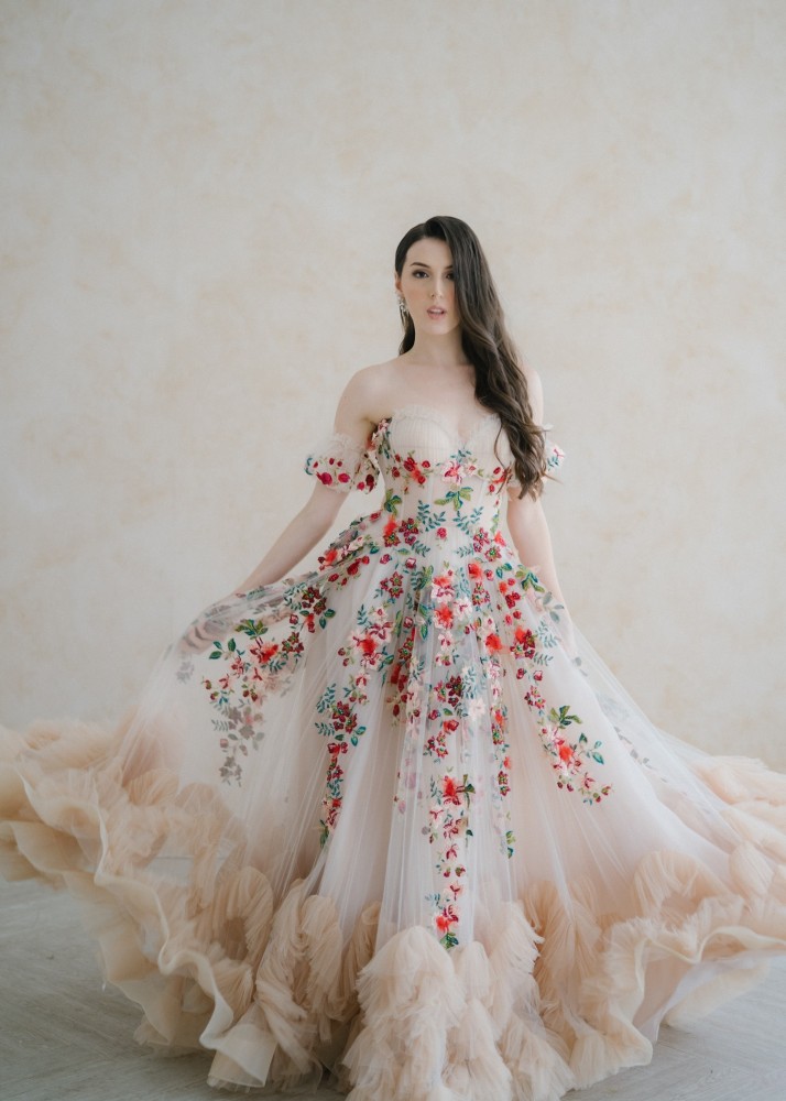 Champagne Embroidered Lace Tulle Sweet Floral Wedding Dress