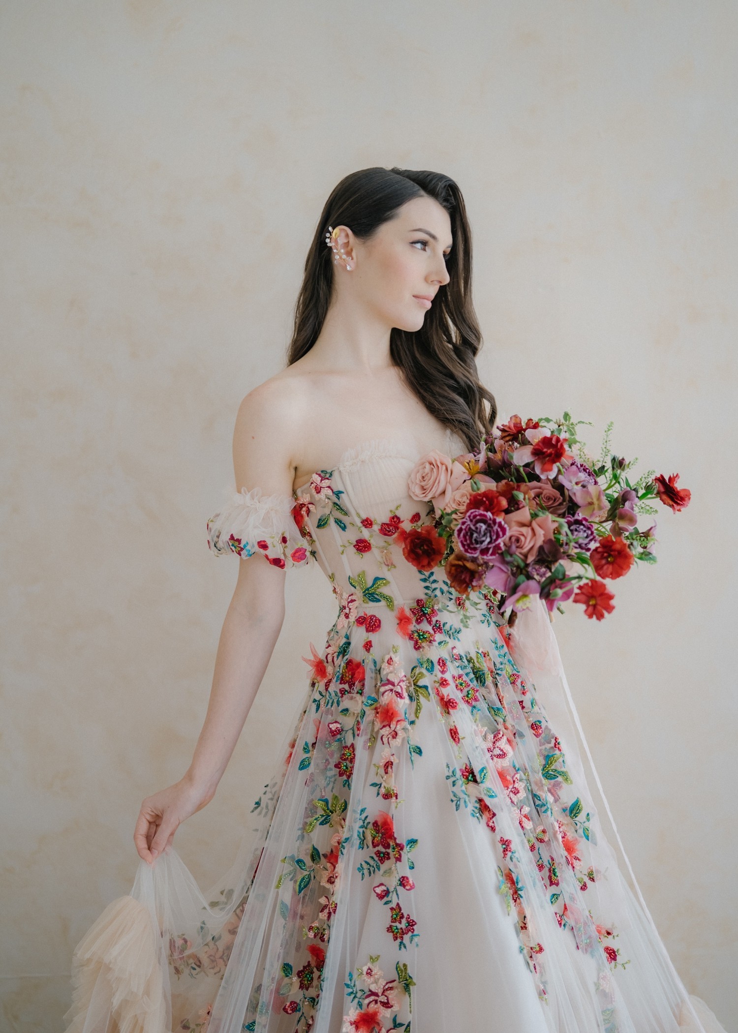 Champagne Embroidered Lace Tulle Sweet Floral Wedding Dress