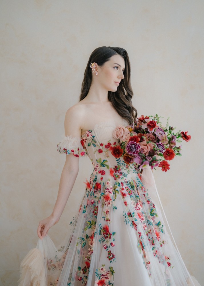 Champagne Embroidered Lace Tulle Sweet Floral Wedding Dress