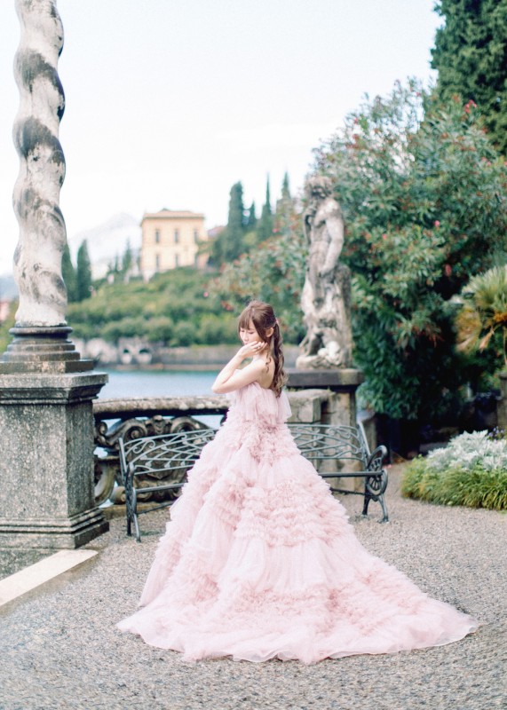 Strapless Blush Pink Tulle Ruffled Wedding Dress