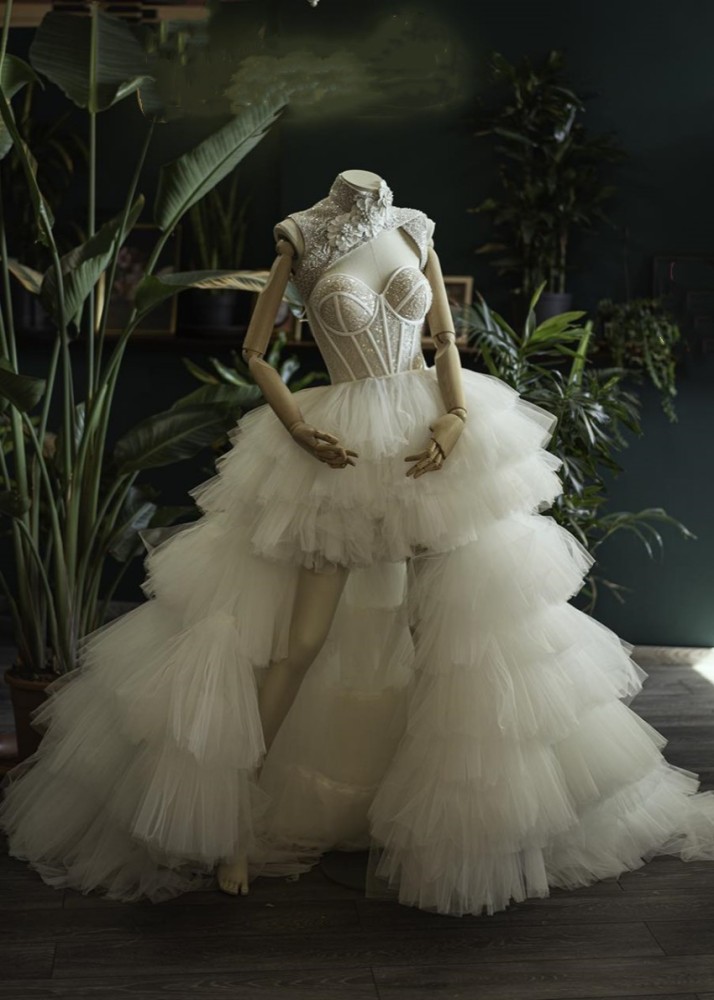 Ivory Lace Tulle High Low Wedding Dress