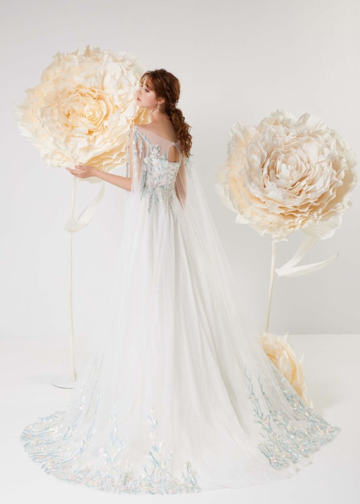 Open Sleeves Blue Lace Tulle Fairy Wedding Dress