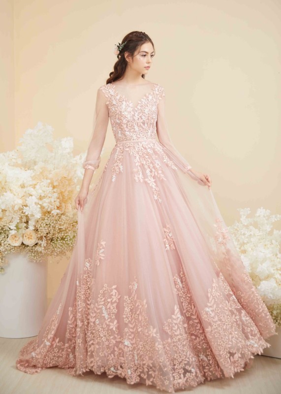 Long Sleeves Blush Pink Lace Tulle Floral Wedding Dress