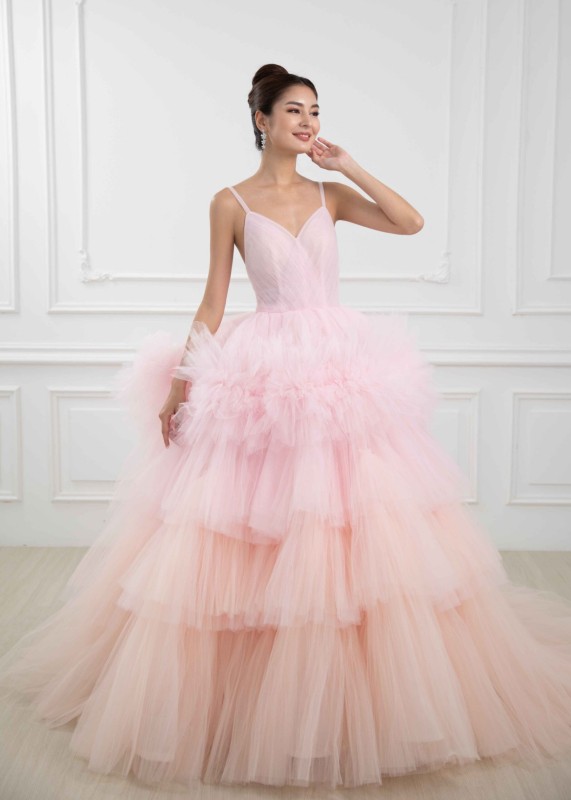 Thin Straps Pink Tulle Tiered Wedding Dress