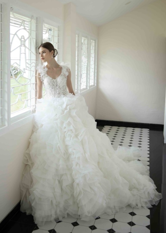V Neck Ivory Lace Organza Luxury Wedding Dress