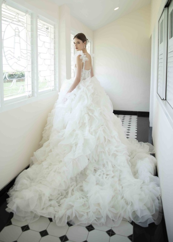 V Neck Ivory Lace Organza Luxury Wedding Dress