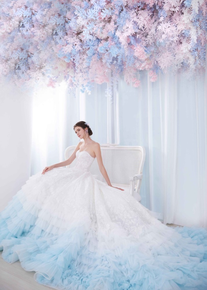Strapless Blue Lace Tulle Ruffled Princess Wedding Dress