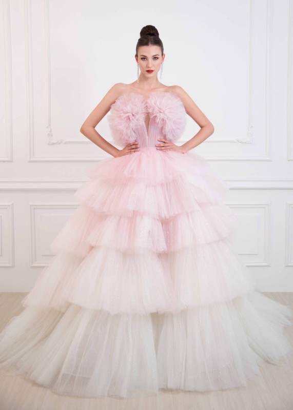 Strapless Pink Tulle Tiered Sparkly Wedding Dress