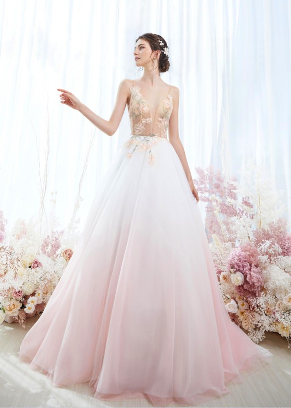 Pink Lace Tulle V Back Fairy Wedding Dress