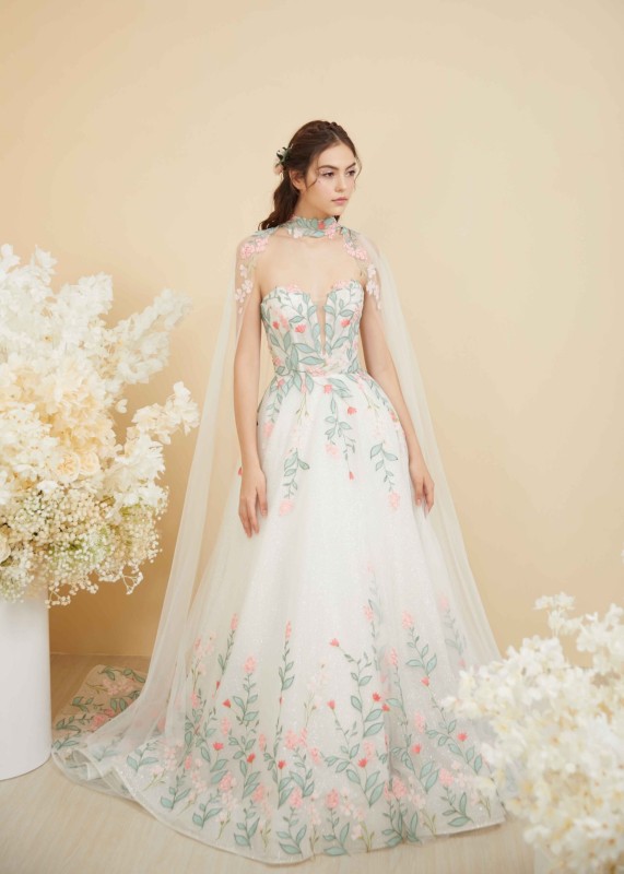 Green Lace Tulle Floral Wedding Dress With Cape
