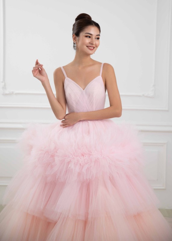 Thin Straps Pink Tulle Tiered Wedding Dress