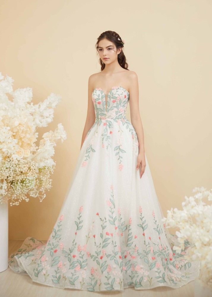 Green Lace Tulle Floral Wedding Dress With Cape
