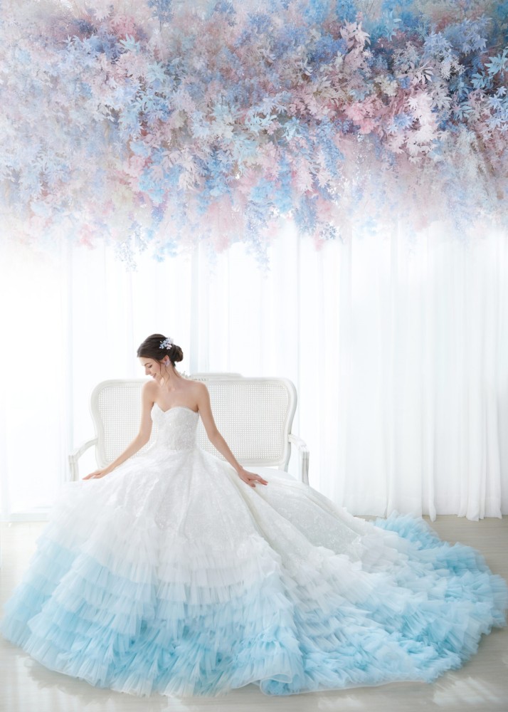 Strapless Blue Lace Tulle Ruffled Princess Wedding Dress