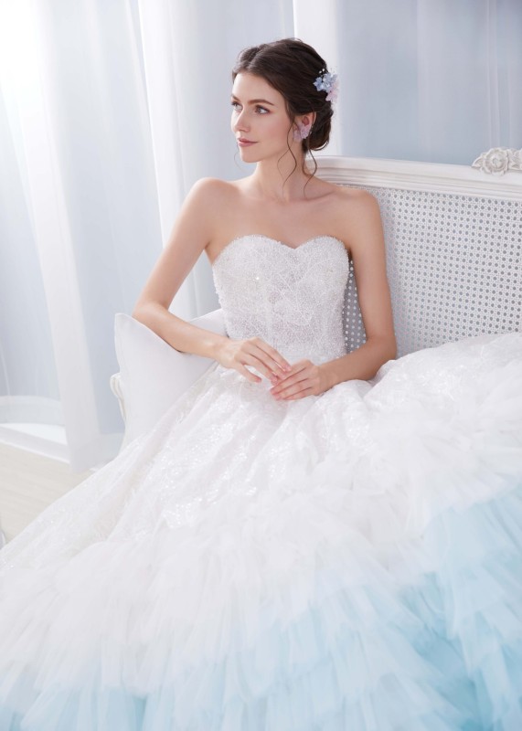 Strapless Blue Lace Tulle Ruffled Princess Wedding Dress