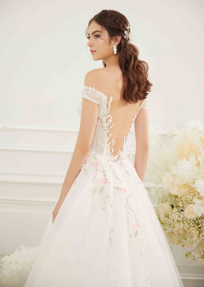 Off Shoulder Pink Lace Tulle Romantic Wedding Dress