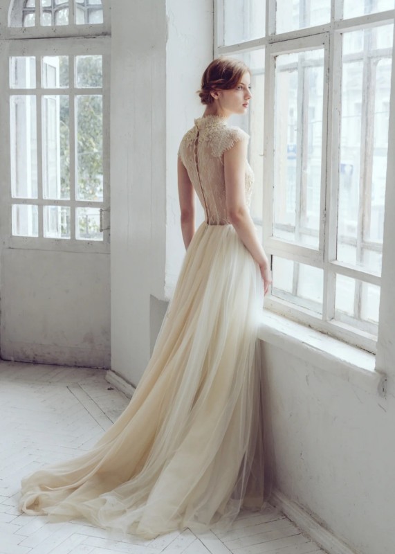 Beaded Beige Lace Tulle Romantic Wedding Dress