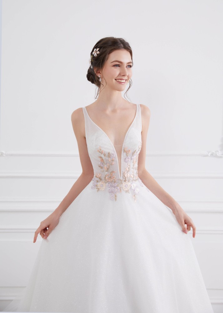 Lilac Lace Tulle Sparkly Floral Wedding Dress