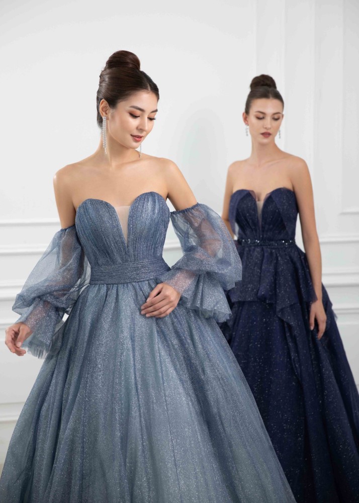 Dusty Blue Tulle Sparkly Modern Wedding Dress