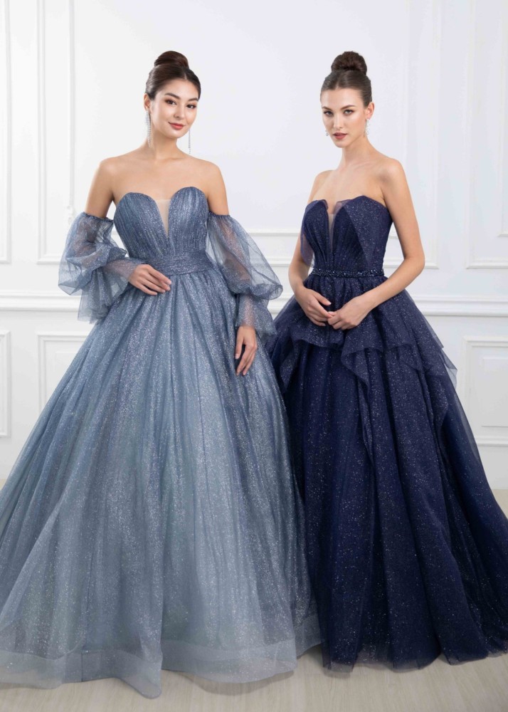 Dusty Blue Tulle Sparkly Modern Wedding Dress