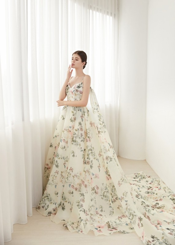 Champagne Printed Organza Spring Wedding Dress