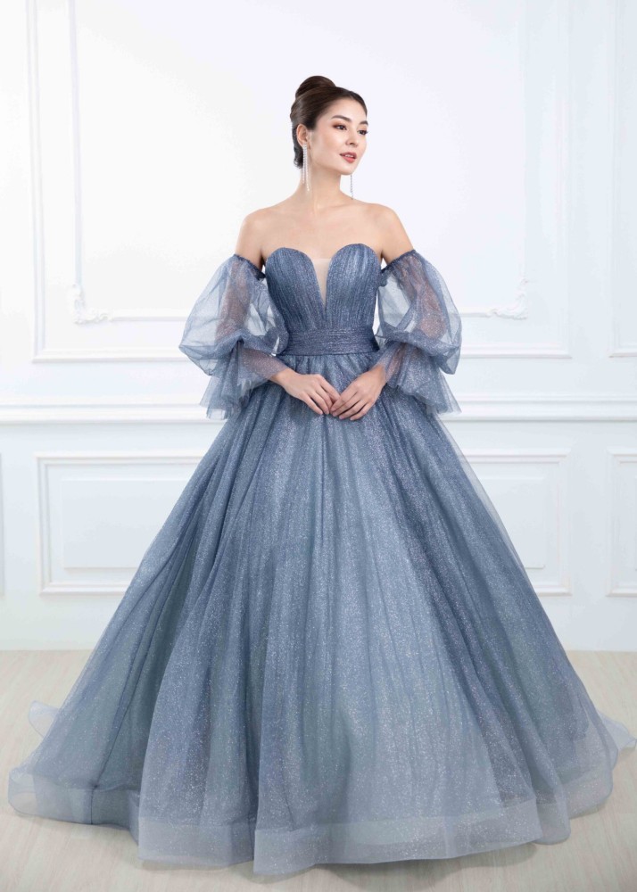 Dusty Blue Tulle Sparkly Modern Wedding Dress