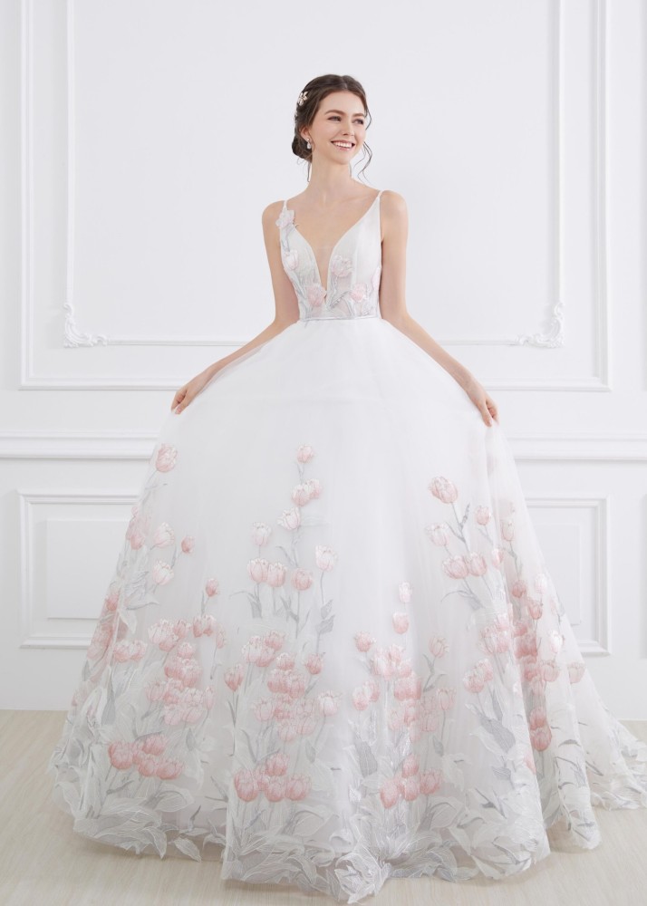 Pink Lace Tulle Corset Back Romantic Wedding Dress