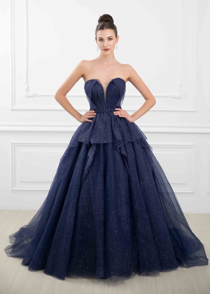 Strapless Blue Tulle Sparkly Wedding Dress