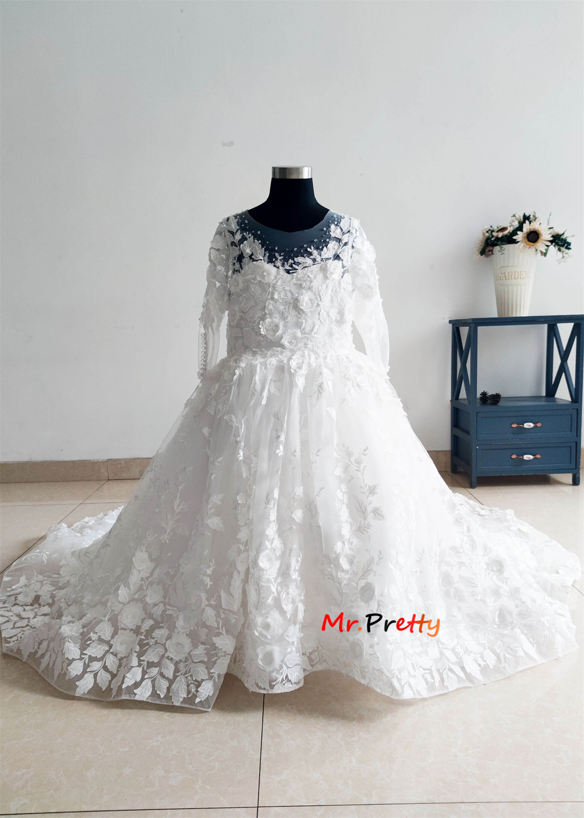 White  3D Lace Flower Girl Dress/Girls Communion Dress