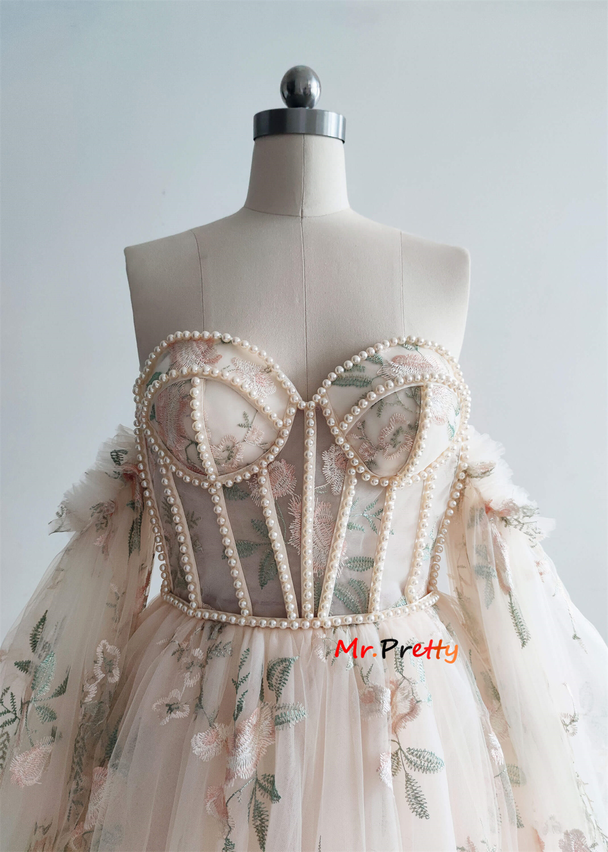 Light Champagne Floral Lace Prom Dress/Photoshoot Dress/Babyshower Dress